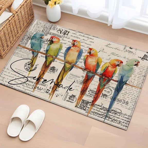 Rectangle Rug 2x3ft Area Rug, Watercolor Parrot Bird on Burlap Area Rugs for Living Room Bedroom, Vintage Stamp Letter Texture Floor Mat Non-Slip Non-Shedding Carpet Indoor Accent Rugs