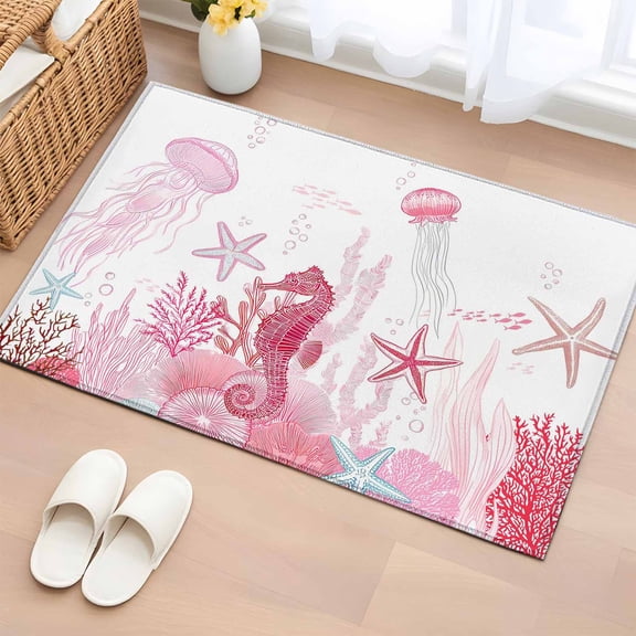 Rectangle Rug 2x3ft Area Rug,Watercolor Pink Seahorses Mermaids Sea Stars Area Rugs for Living Room Bedroom,Marine Life Floor Mat Non-Slip Non-Shedding Carpet Indoor Accent Rugs