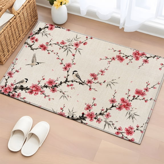 Rectangle Rug 2x3ft Area Rug, Watercolor Plum Blossom on Burlap Area Rugs for Living Room Bedroom, Pink Flower Branch Bird Floor Mat Non-Slip Non-Shedding Carpet Indoor Accent Rugs