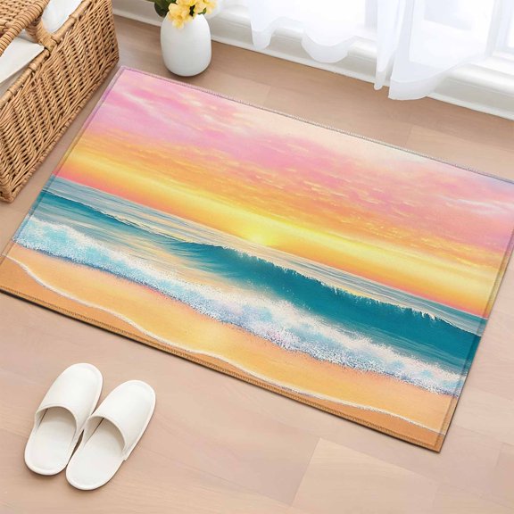 Rectangle Rug 2x3ft Area Rug, Watercolor Seaside Beach Ocean Waves Area Rugs for Living Room Bedroom, Orange Sunset Floor Mat Non-Slip Non-Shedding Carpet Indoor Accent Rugs