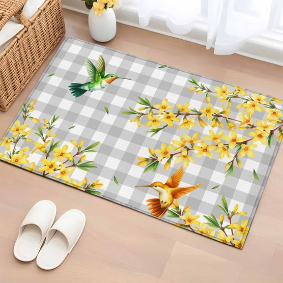 Rectangle Rug 2x3ft Area Rug, Watercolor Spreaded Flowers Area Rugs for Living Room Bedroom, Birds Gray White Plaid Floor Mat Non-Slip Non-Shedding Carpet Indoor Accent Rugs