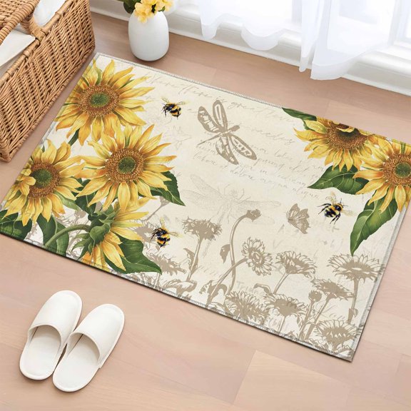 Rectangle Rug 2x3ft Area Rug, Watercolor Sunflower Bee Dragonfly Area Rugs for Living Room Bedroom, Country Floral Retro Letter Floor Mat Non-Slip Non-Shedding Carpet Indoor Accent Rugs
