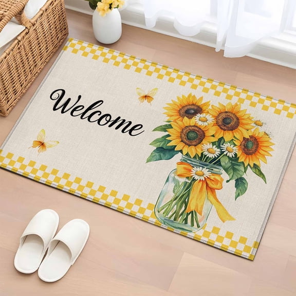 Round Area Rug for Living Room Bedroom, Summer Countryside Red Flowers Round Rugs Non-slip Washable Floor Carpet, Farmhouse Bee Botanical Soft Circle Rug 3ft