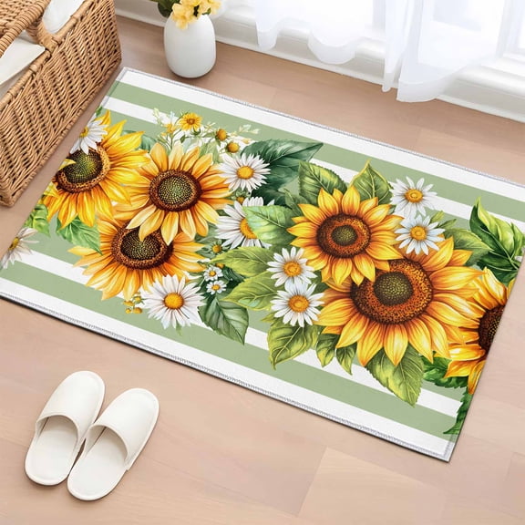Rectangle Rug 2x3ft Area Rug,Watercolor Sunflower Leaves on Green Area Rugs for Living Room Bedroom,Summer Flower Floor Mat Non-Slip Non-Shedding Carpet Indoor Accent Rugs