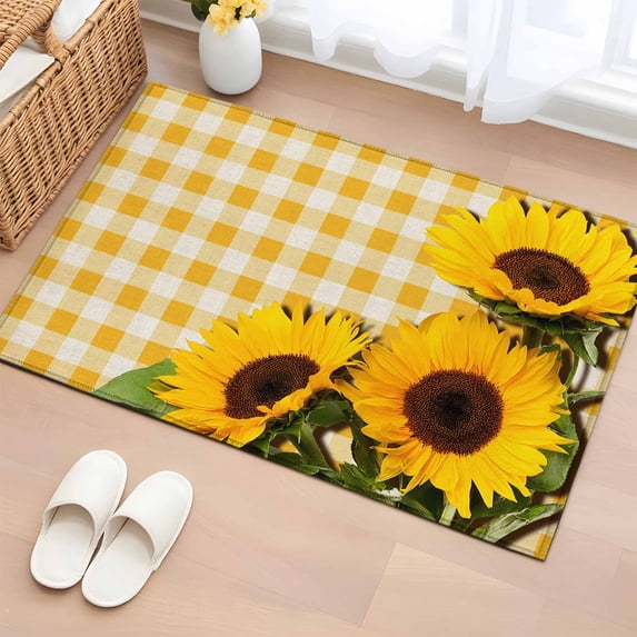 Rectangle Rug 2x3ft Area Rug,Watercolor Sunflowers Leaves on Retro Area Rugs for Living Room Bedroom,Yellow White Plaid Floor Mat Non-Slip Non-Shedding Carpet Indoor Accent Rugs