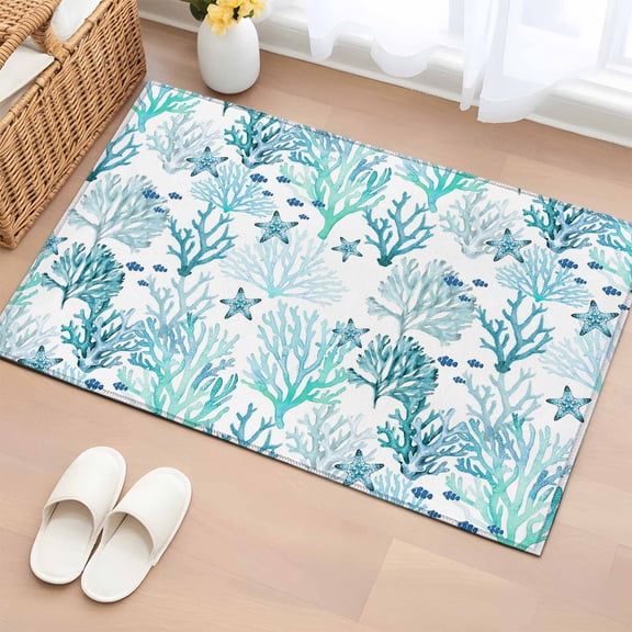 Rectangle Rug 2x3ft Area Rug, Watercolor Teal Marine Coral Starfish Area Rugs for Living Room Bedroom, Seamless Ocean Theme Floor Mat Non-Slip Non-Shedding Carpet Indoor Accent Rugs