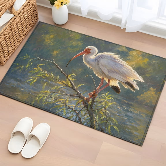 Rectangle Rug 2x3ft Area Rug, Watercolor White Ibis Pattern Area Rugs for Living Room Bedroom, Willow Branch River Floor Mat Non-Slip Non-Shedding Carpet Indoor Accent Rugs