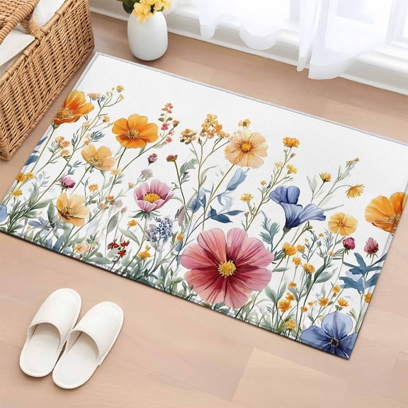 Rectangle Rug 2x3ft Area Rug, Watercolor Yellow Pink Blue Wildflower Area Rugs for Living Room Bedroom, Country Floral Leaves Floor Mat Non-Slip Non-Shedding Carpet Indoor Accent Rugs