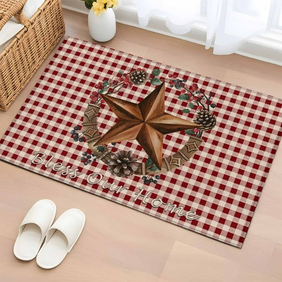 Rectangle Rug 2x3ft Area Rug,Western Star Wreath Bless Home Area Rugs for Living Room Bedroom,Red Buffalo Plaid Floor Mat Non-Slip Non-Shedding Carpet Indoor Accent Rugs