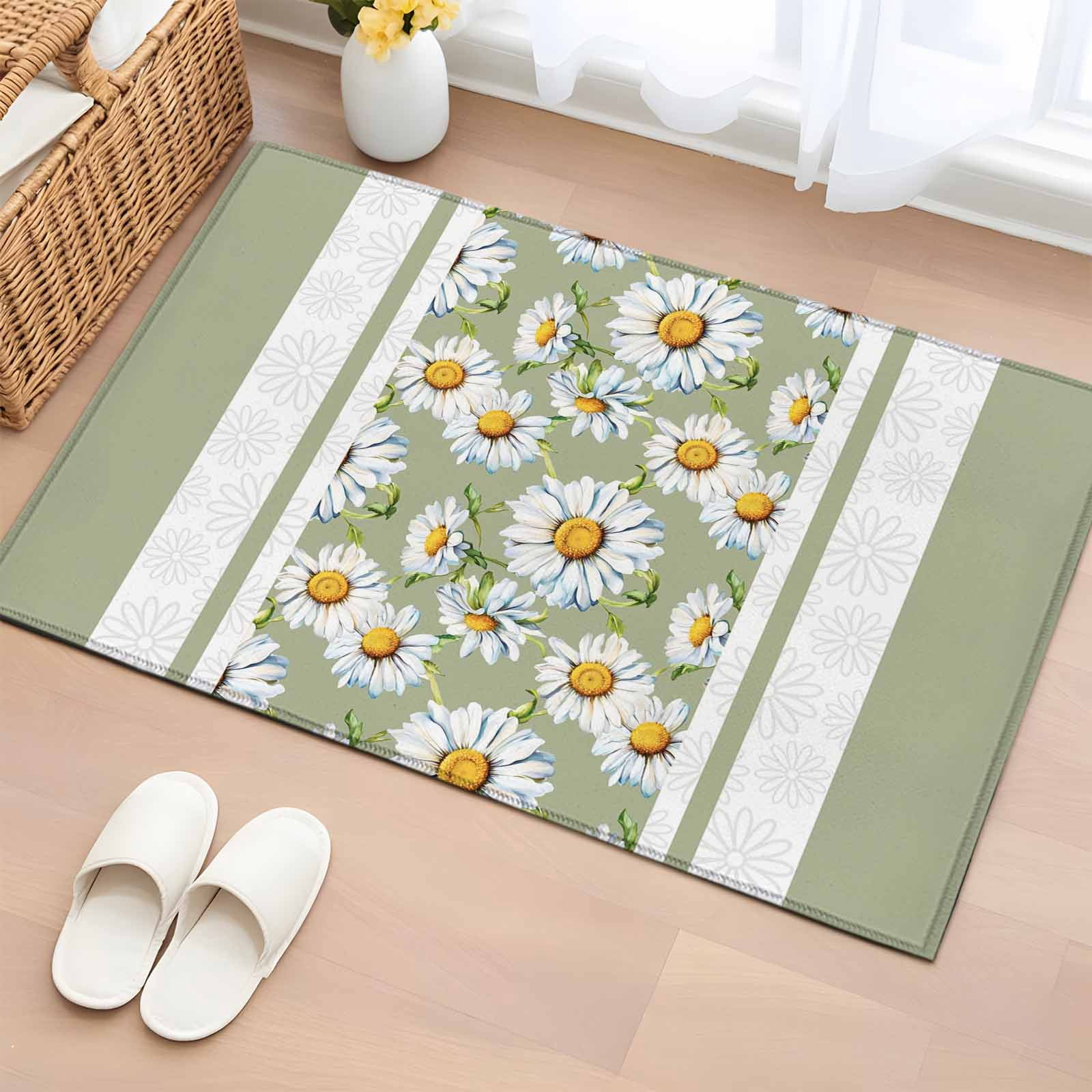 Rectangle Rug 2x3ft Area Rug,White Daisy Flower Sage Green Stripe Area ...