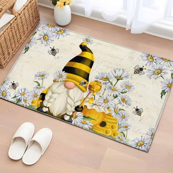 Rectangle Rug 2x3ft Area Rug, White Daisy Pastoral Gnome Bee Area Rugs for Living Room Bedroom, Summer Honey Hive Floor Mat Non-Slip Non-Shedding Carpet Indoor Accent Rugs