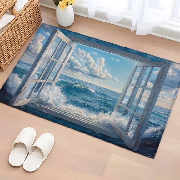 Rectangle Rug 2x3ft Area Rug, Window Blue Sky Sea Wave Nautical Area Rugs for Living Room Bedroom, Coastal Ocean Floor Mat Non-Slip Non-Shedding Carpet Indoor Accent Rugs