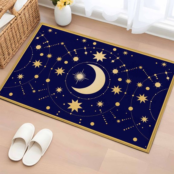 Rectangle Rug 2x3ft Area Rug, Yellow Moon Star Area Rugs for Living Room Bedroom, Abstract Polka Dot on Dark Blue Floor Mat Non-Slip Non-Shedding Carpet Indoor Accent Rugs