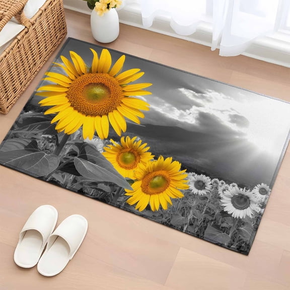 Rectangle Rug 2x3ft Area Rug,Yellow Sunflower Field Area Rugs for Living Room Bedroom,Modern Grey Floral Partial Color Art Floor Mat Non-Slip Non-Shedding Carpet Indoor Accent Rugs