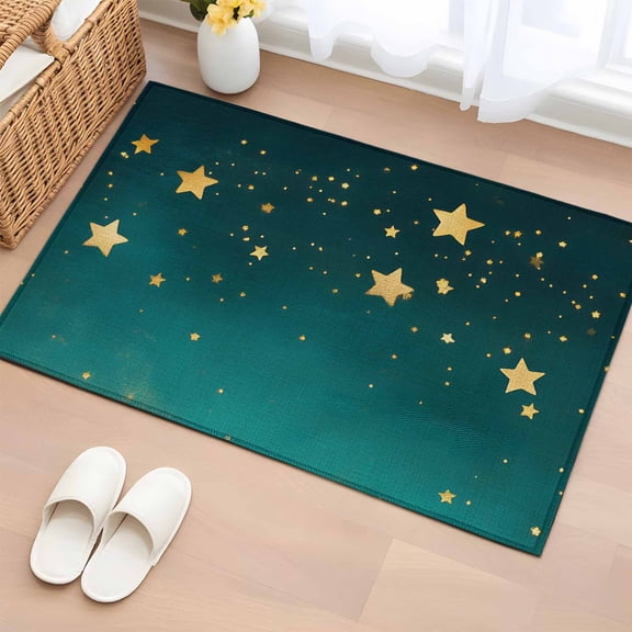 Rectangle Rug 2x3ft, Dream Yellow Star on Teal Blue Soft Non-Slip Washable Felt Carpet Pad, Night Starry Sky Area Rugs for Living Room Bedroom Kids Room
