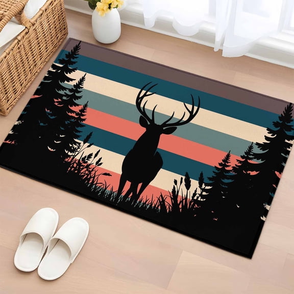 Rectangle Rug 2x3ft, Forest Elk Silhouette Soft Non-Slip Washable Felt Carpet Pad, Red Blue Green Stripes Area Rugs for Living Room Bedroom Kids Room