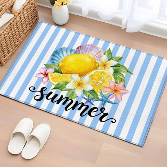 Rectangle Rug 2x3ft, Summer Oceans Stars Lemon Soft Non-Slip Washable Felt Carpet Pad, Carnival Flowers Blue Line Area Rugs for Living Room Bedroom Kids Room