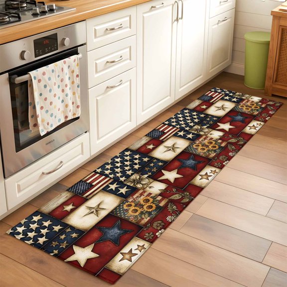 Rectangle Rug 2x6Ft 4th of July Retro USA Flag Soft Indoor Throw Rugs Carpets for Living Dining Bedroom Kids Room Non-Slip Playroom Crawl Rug Floor Mats American Patriotic Stars Flower