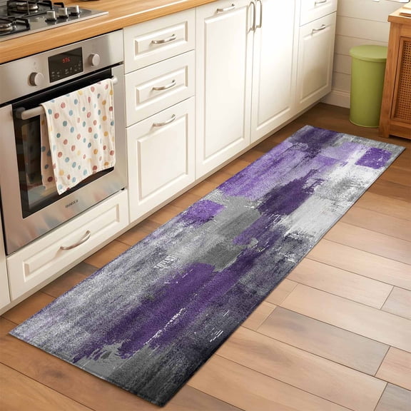 Rectangle Rug 2x6Ft, Abstract Purple Grey Smear Graffiti Soft Non-Slip Washable Felt Carpet Pad, Oil Painting Art Area Rugs for Living Room Bedroom Kids Room