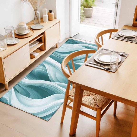 Rectangle Rug 2x6Ft Abstract Teal White Wave Stripe Soft Indoor Throw Rugs Carpets for Living Dining Bedroom Non-Slip Playroom Crawl Rug Floor Mats Modern Water Ripple Texture