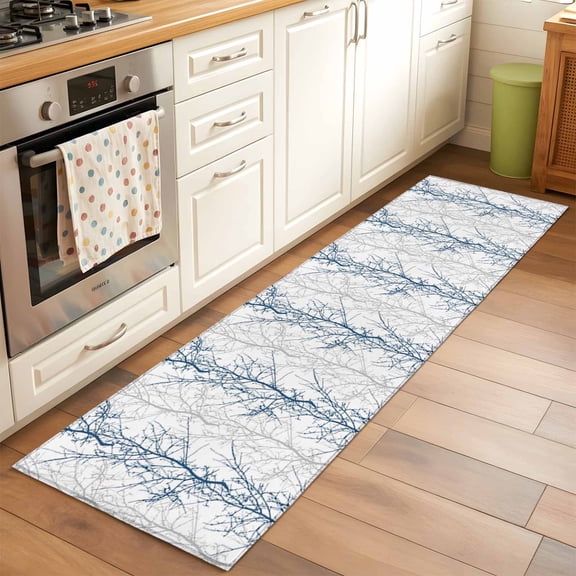Rectangle Rug 2x6Ft Blue Gray Tree Branch on White Soft Indoor Throw Rugs Carpets for Living Dining Bedroom Kids Room Non-Slip Playroom Crawl Rug Floor Mats Botanical Seamless Plant Texture