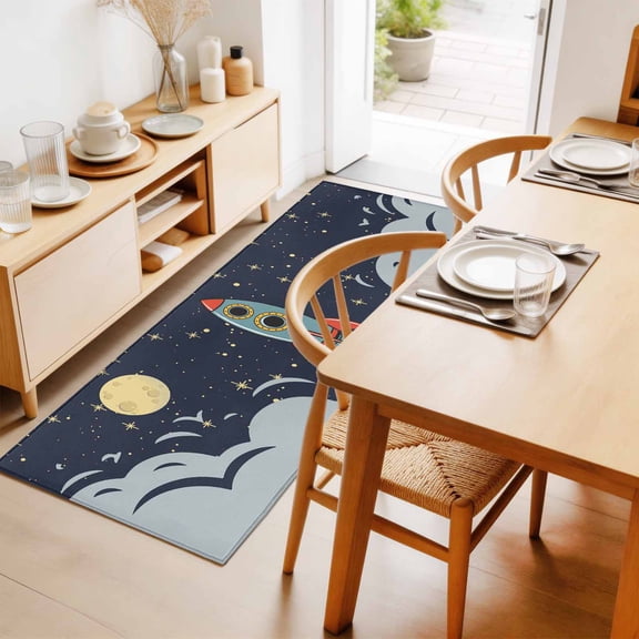 Rectangle Rug 2x6Ft Cartoon Space Rocket Launch Stars and Moon Soft Indoor Throw Rugs Carpets for Living Dining Bedroom Non-Slip Playroom Crawl Rug Floor Mats Outer Planet
