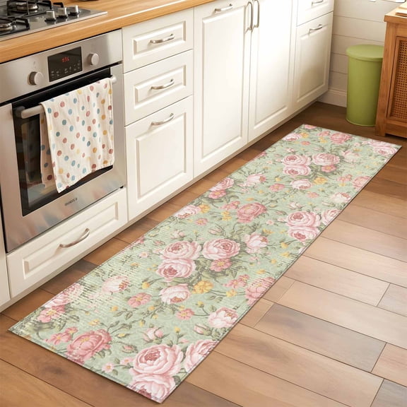 Rectangle Rug 2x6Ft, Pink Rose Classic Flower Soft Non-Slip Washable Felt Carpet Pad, Leaves Plant Sage Green Area Rugs for Living Room Bedroom Kids Room