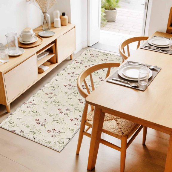 Rectangle Rug 2x6Ft Spring Blossom Flower on Burlap Soft Indoor Throw Rugs Carpets for Living Dining Bedroom Non-Slip Playroom Crawl Rug Floor Mats Watercolor Green Leaves