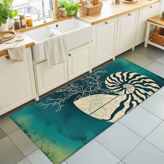 Rectangle Rug 2x6ft Area Rug, Abstract Ocean Conch Area Rugs for Living Room Bedroom, City Route on Green Background Floor Mat Non-Slip Non-Shedding Carpet Indoor Accent Rugs