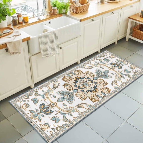 Kitchen Runner Rug Vintage Coastal Country Marine Life Runner Rugs for Bedroom Hallway Entryway Stair, Abstract Blue Texture Area Rug Non-slip Washable Floor Carpet 2x6ft