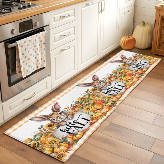 Rectangle Rug 2x6ft Area Rug, Cartoon Cute Rabbit Area Rugs for Living Room Bedroom, Hello Fall Pumpkins Sunflowers Floor Mat Non-Slip Non-Shedding Carpet Indoor Accent Rugs