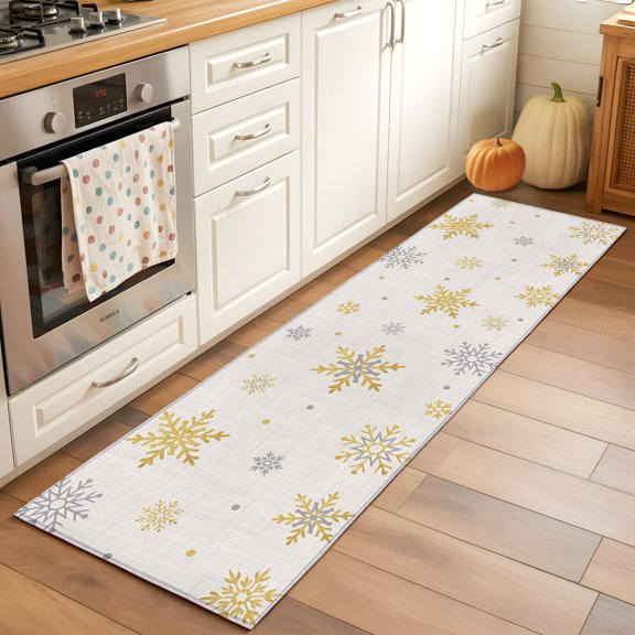 Rectangle Rug 2x6ft Area Rug, Christmas Gold Snowflake Retro Linen Area Rugs for Living Room Bedroom, Winter Falling Snow Floor Mat Non-Slip Non-Shedding Carpet Indoor Accent Rugs