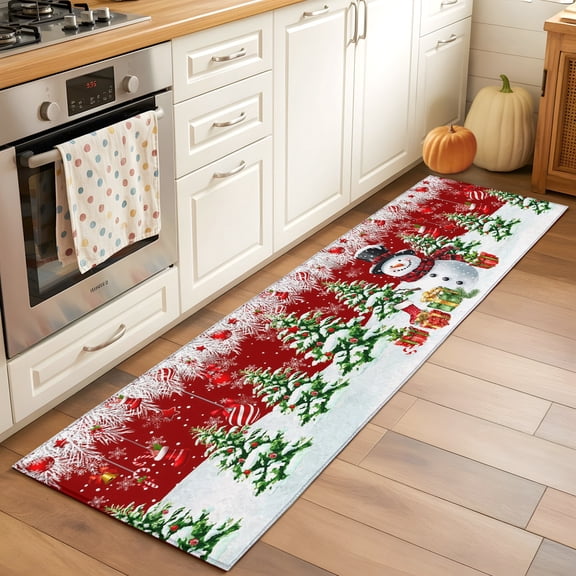 Rectangle Rug 2x6ft Area Rug, Christmas Tree Snowman Area Rugs for Living Room Bedroom, Winter Snowflake Fir Leaf on Red Floor Mat Non-Slip Non-Shedding Carpet Indoor Accent Rugs