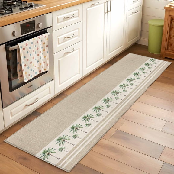 Rectangle Rug 2x6ft Area Rug, Coastal Green Palm Trees on Vintage Linen Area Rugs for Living Room Bedroom, Tropical Pants Floor Mat Non-Shedding Non-Slip Carpet Indoor Accent Rugs