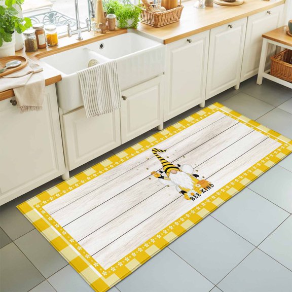 Rectangle Rug 2x6ft Area Rug, Farm Bee Gnome Honey Area Rugs for Living Room Bedroom, Vintage Wood Plank Yellow Buffalo Check Floor Mat Non-Slip Non-Shedding Carpet Indoor Accent Rugs