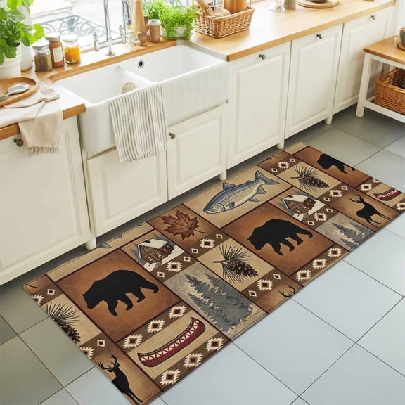 Rectangle Rug 2x6ft Area Rug, Farmhouse Wildlife Collage Area Rugs for Living Room Bedroom, Animal Deer Fish Floor Mat Non-Slip Non-Shedding Carpet Indoor Accent Rugs