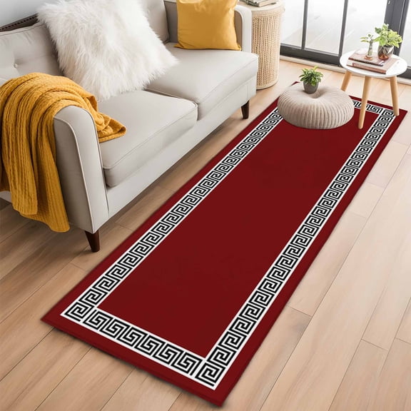 Rectangle Rug 2x6ft Area Rug,Greek Geometric Inspired Twist Line Area Rugs for Living Room Bedroom,Abstract Key Pattern on Red Floor Mat Non-Slip Non-Shedding Carpet Indoor Accent Rugs