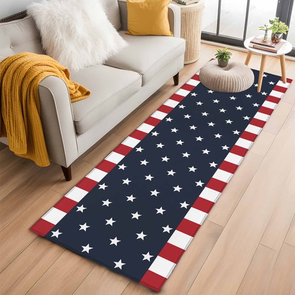 Rectangle Rug 2x6ft Area Rug,Independence Day Patriotic Stars on Blue Area Rugs for Living Room Bedroom,Red White Stripes Border Floor Mat Non-Slip Non-Shedding Carpet Indoor Accent Rugs