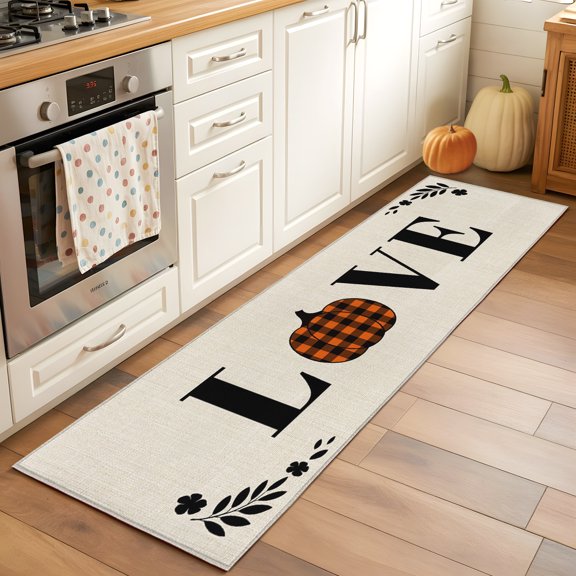 Rectangle Rug 2x6ft Area Rug, Love Fall Farm Pumpkins Area Rugs for Living Room Bedroom, Vintage Leaf on Linen Floor Mat Non-Slip Non-Shedding Carpet Indoor Accent Rugs