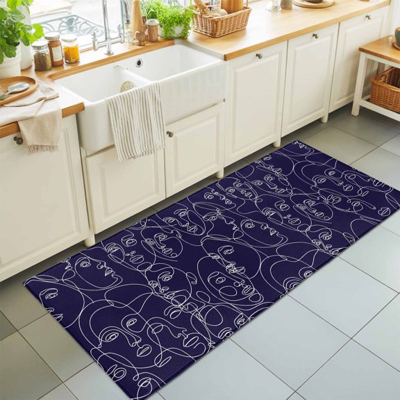 Rectangle Rug 2x6ft Area Rug, Modern White Line Character Face Area Rugs for Living Room Bedroom, Abstract Purple Floor Mat Non-Slip Non-Shedding Carpet Indoor Accent Rugs