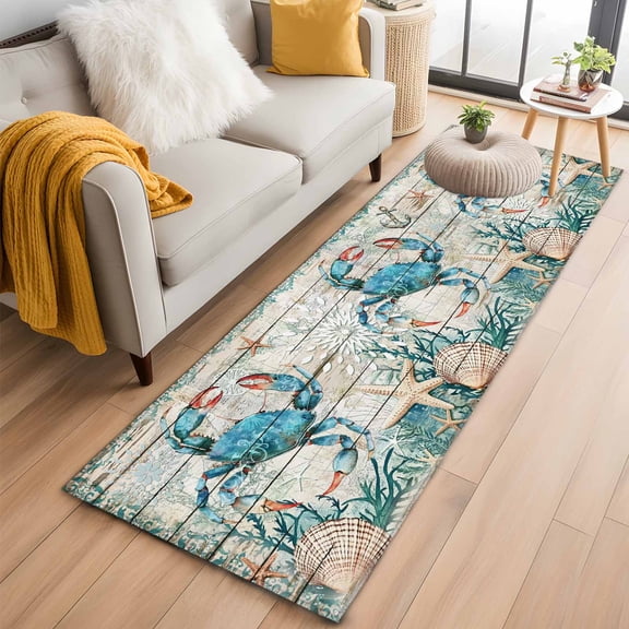 Rectangle Rug 2x6ft Area Rug,Seaside Crab Starfish Shell Nautical Anchor Area Rugs for Living Room Bedroom,Farm Vintage Wood Board Floor Mat Non-Slip Non-Shedding Carpet Indoor Accent Rugs