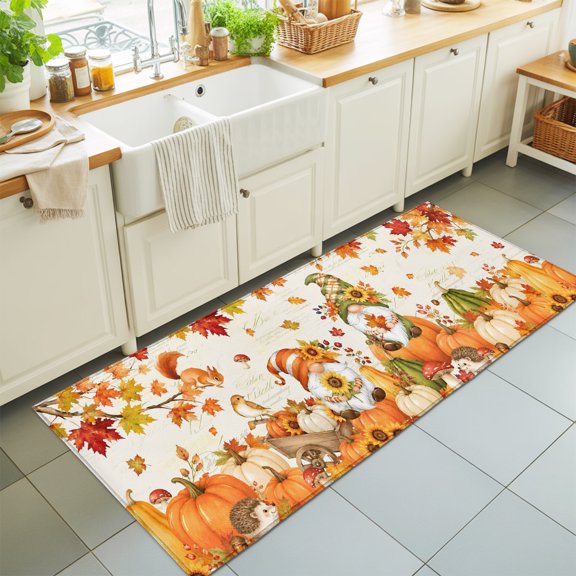 Rectangle Rug 2x6ft Area Rug, Thanksgiving Pumpkin Fall Leaf Area Rugs for Living Room Bedroom, Fall Farmhouse Gnomes Floor Mat Non-Slip Non-Shedding Carpet Indoor Accent Rugs