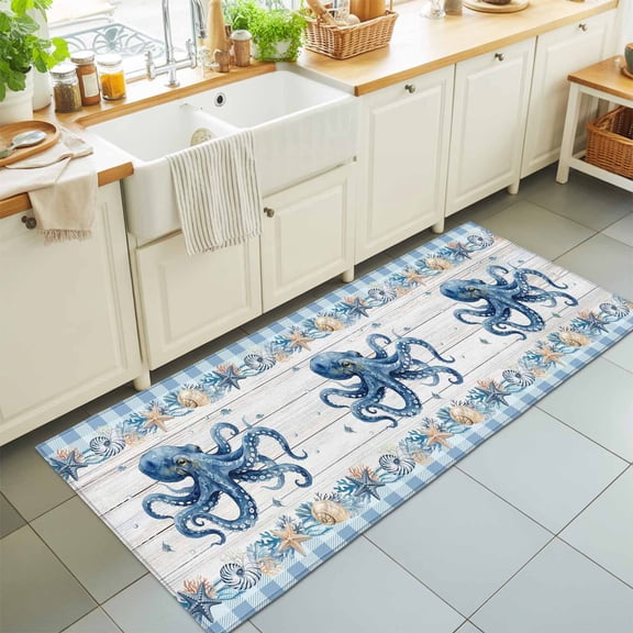 Rectangle Rug 2x6ft Area Rug, Underwater Sea Octopus Wood Board Area Rugs for Living Room Bedroom, Ocean Starfish Shell Coral Floor Mat Non-Slip Non-Shedding Carpet Indoor Accent Rugs