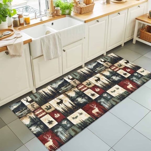 Rectangle Rug 2x6ft Area Rug, Vintage Deer Maple Leaves Area Rugs for Living Room Bedroom, Pine Tree Patchwork Floor Mat Non-Slip Non-Shedding Carpet Indoor Accent Rugs