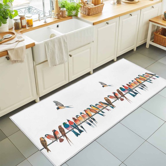 Rectangle Rug 2x6ft Area Rug, Watercolor Row Of Birds on White Area Rugs for Living Room Bedroom, Vintage Branch Floor Mat Non-Slip Non-Shedding Carpet Indoor Accent Rugs