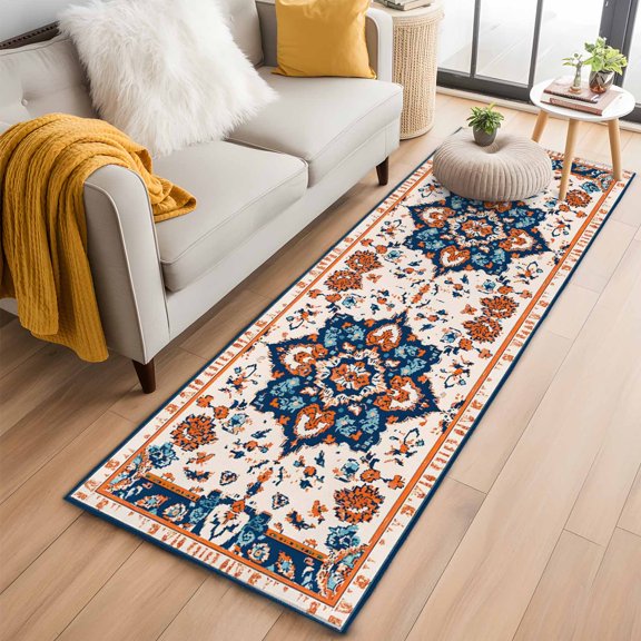 Rectangle Rug 2x6ft, Bohemia Tribal Western Pattern Soft Non-Slip Washable Felt Carpet Pad, Retro Native Aesthetic Area Rugs for Living Room Bedroom Kids Room
