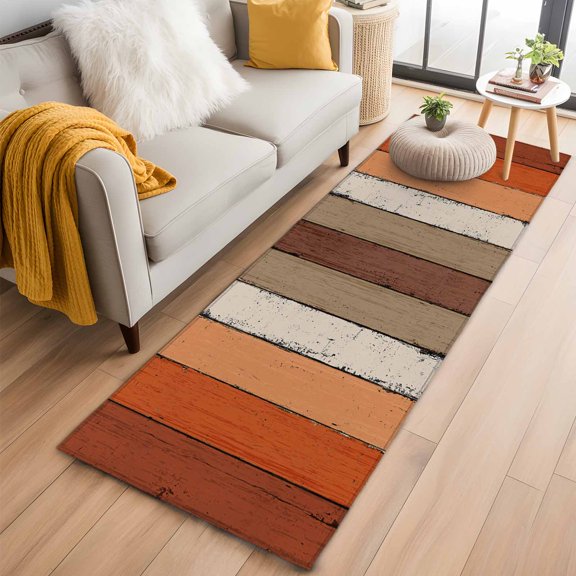 Rectangle Rug 2x6ft, Country Orange Brown Wood Grain Soft Non-Slip Washable Felt Carpet Pad, Rustic Wooden Plank Area Rugs for Living Room Bedroom Kids Room