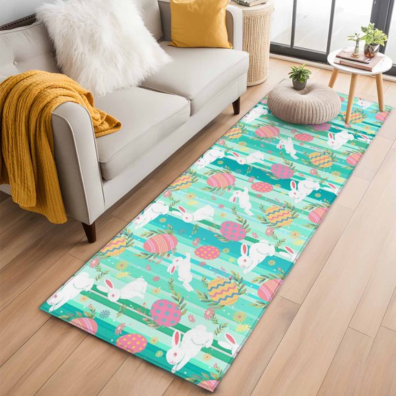 Rectangle Rug 2x6ft, Easter Egg Bunny Country Herb Soft Non-Slip Washable Felt Carpet Pad, Cartoon Rabbit Green Stripes Area Rugs for Living Room Bedroom Kids Room