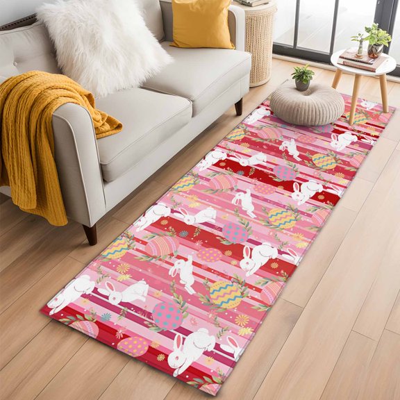 Rectangle Rug 2x6ft, Easter Egg Bunny Country Herb Soft Non-Slip Washable Felt Carpet Pad, White Rabbit Red Stripes Area Rugs for Living Room Bedroom Kids Room