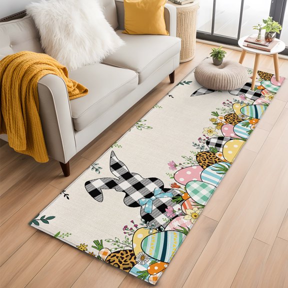 Rectangle Rug 2x6ft, Easter Spring Rabbit Silhouette Soft Non-Slip Washable Felt Carpet Pad, Colorful Egg Floral on Flax Area Rugs for Living Room Bedroom Kids Room